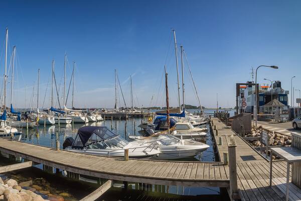 Snaptun harbor with ferry to Endelave in Jutland