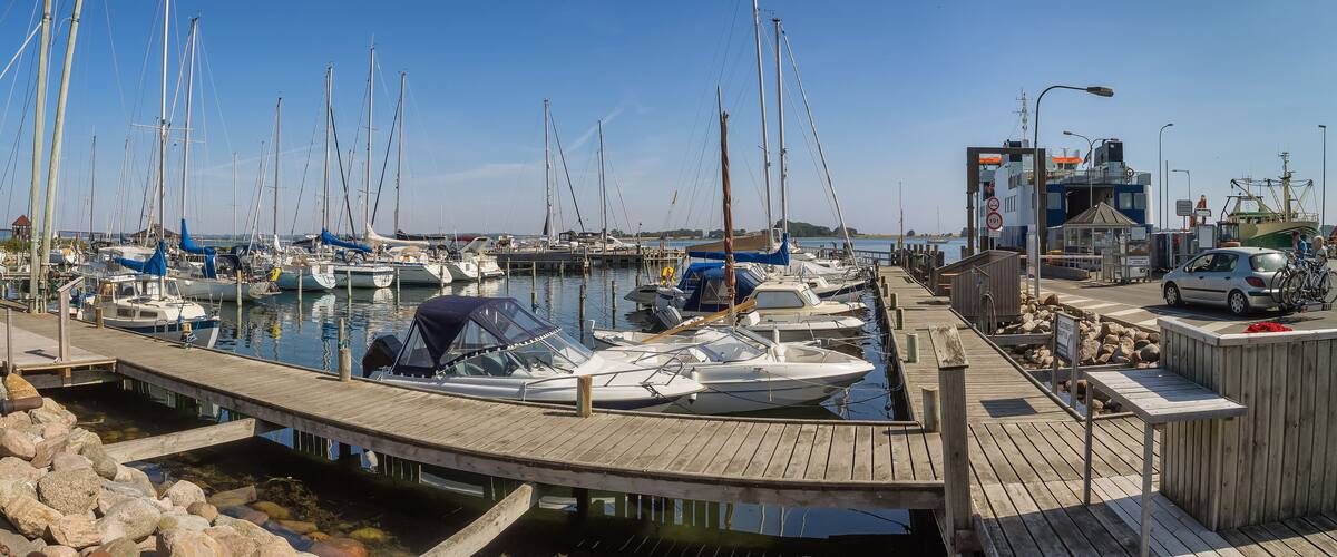 A marina with multiple boats docked at wooden piers under a clear blue sky.
