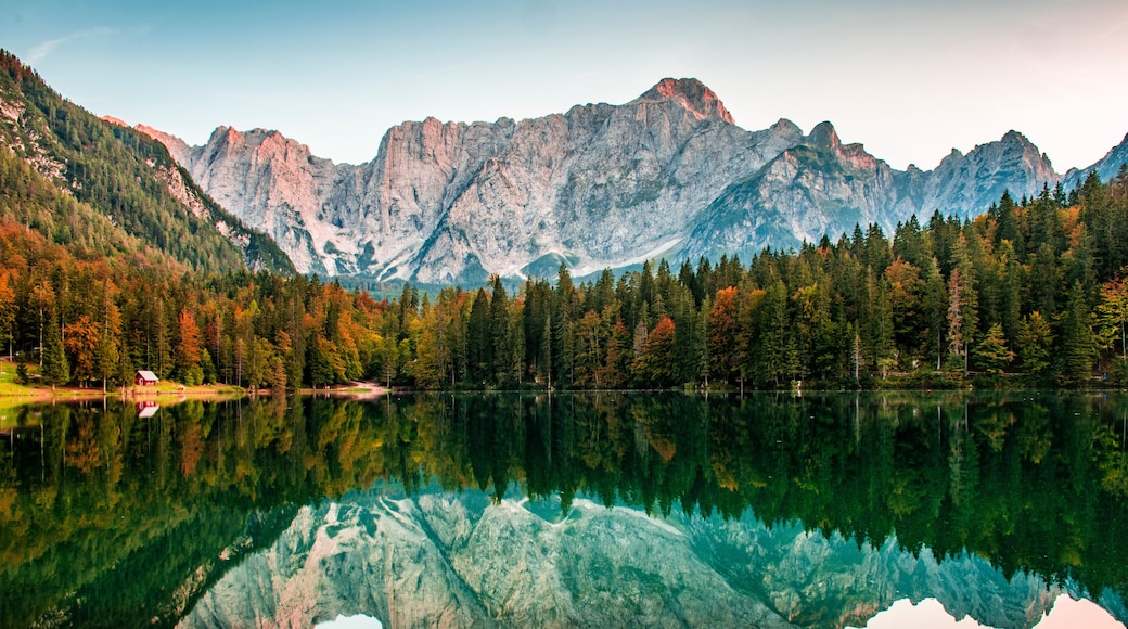 View over Mangart mountain at Laghi di Fusine lake, Friuli-Venezia Giulia, Italy