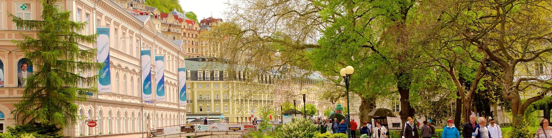 A canal with a stone wall, a bridge, and buildings with banners.