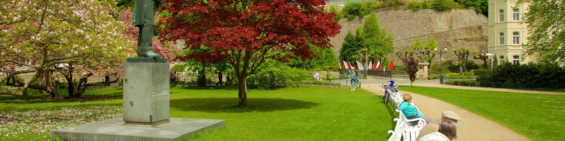 Karlovy Vary which includes flowers, a park and a statue or sculpture
