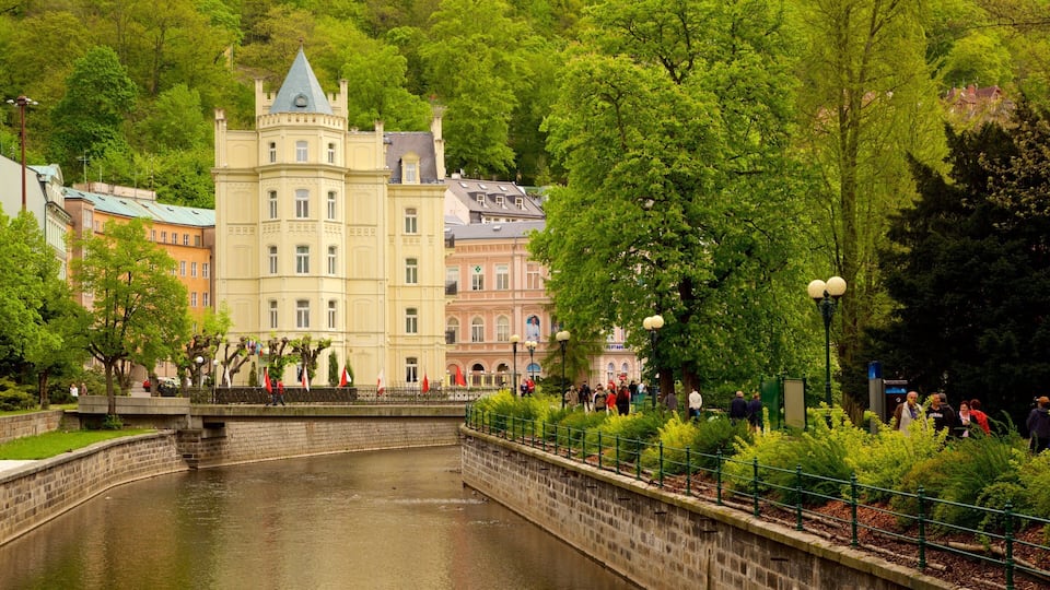 Karlovy Vary showing a river or creek, a park and a city