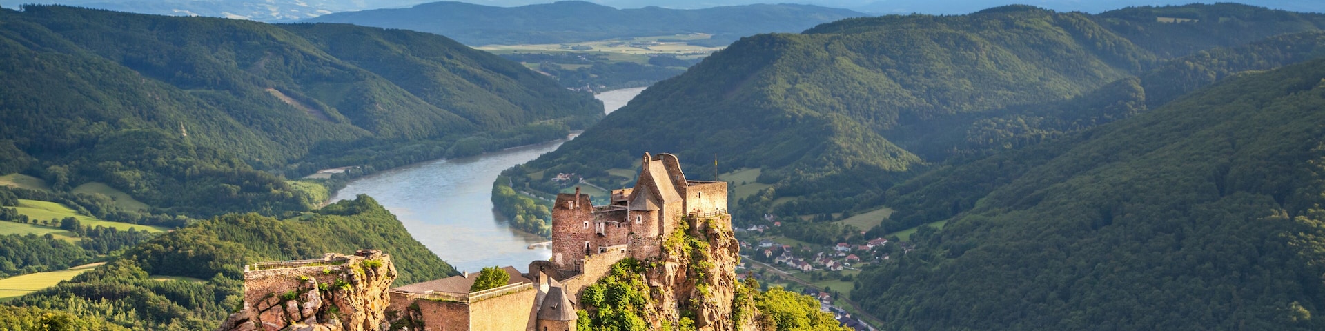 Landscape with old castle and Danube river in Wachau, Austria