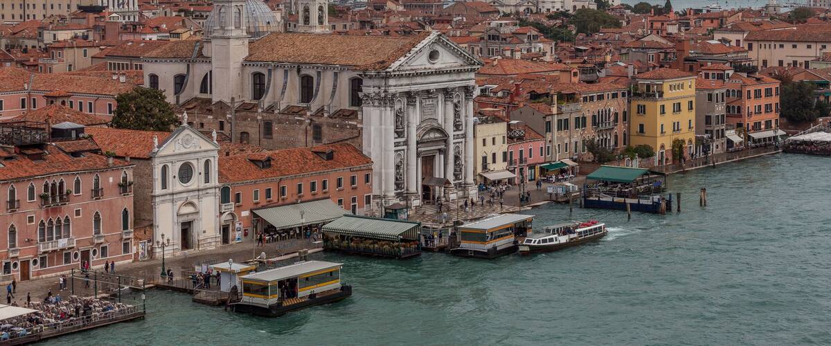 Aerial view of Santa Maria del Rosario and Salute church, Venice, Italy