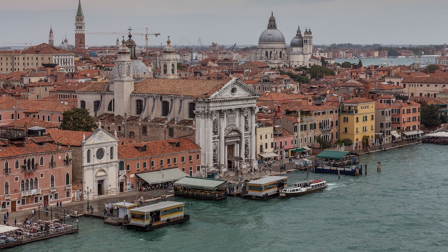 Aerial view of Santa Maria del Rosario and Salute church, Venice, Italy
