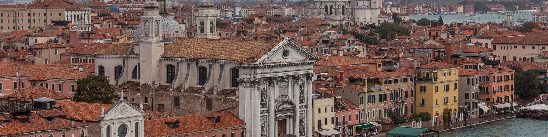 Aerial view of Santa Maria del Rosario and Salute church, Venice, Italy