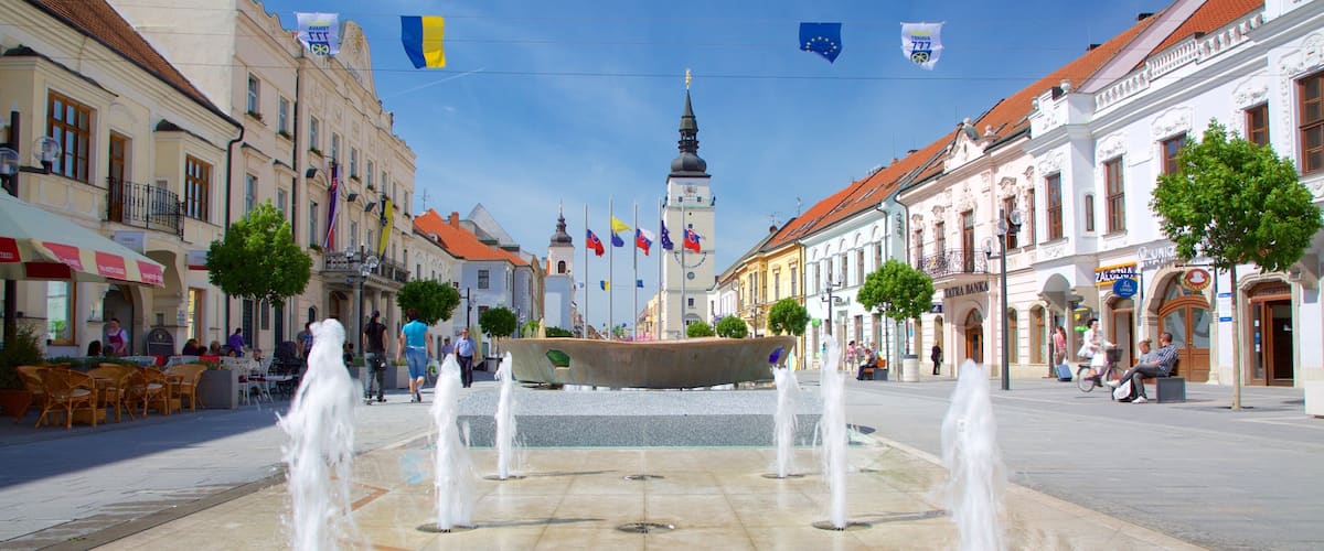 Trnava which includes a square or plaza, street scenes and a fountain