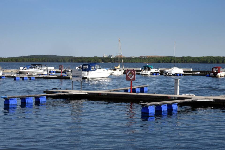 Uma marina com vários barcos atracados, céu claro e uma orla arborizada ao fundo.