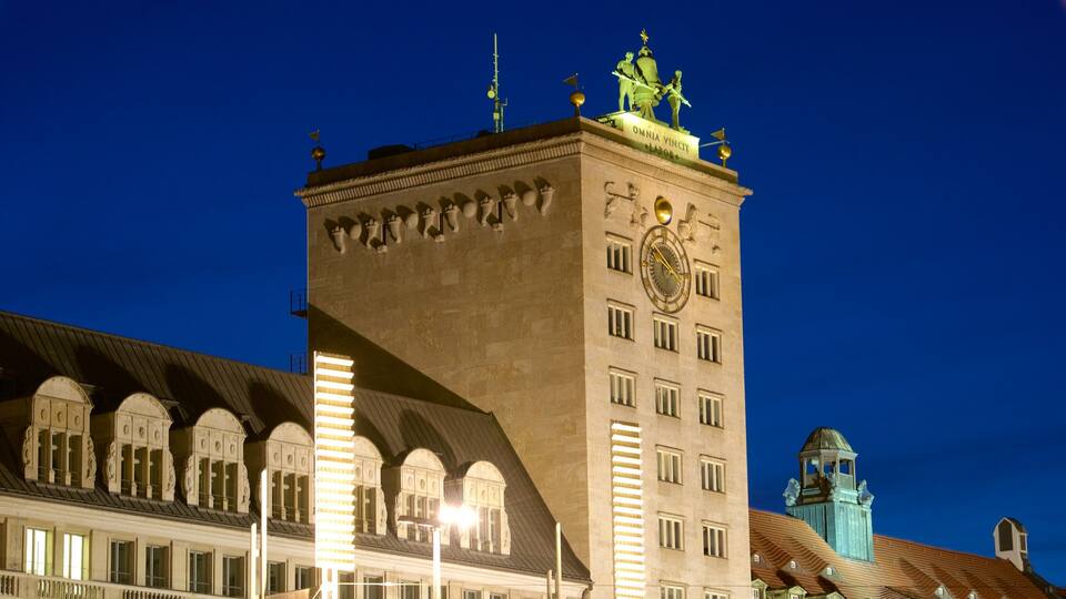 Leipzig featuring heritage architecture, night scenes and a statue or sculpture