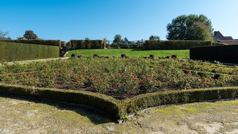Sint-Pieters-Leeuw, Flemish Region - Belgium - 10 17 2021:  Entrance of the rose garden at the Coloma garden and park