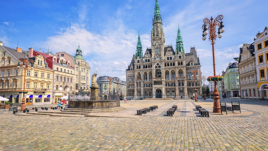 Gothic town hall and the spatious central square in Liberec, Czech Republic