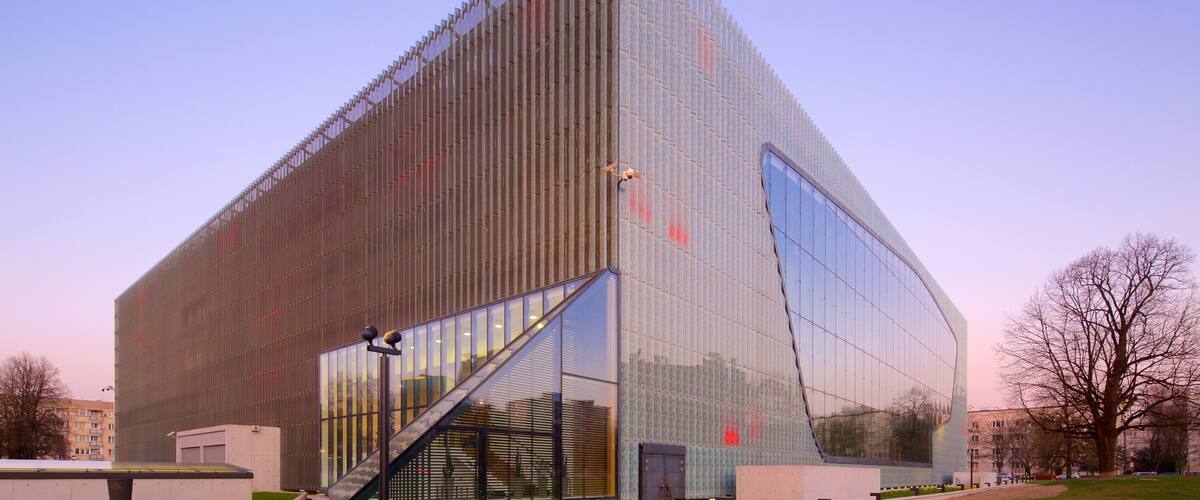 Warsaw showing a sunset and modern architecture