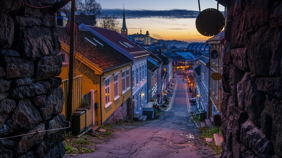 EY381H Bendiksklev street with the Trinity Church on the background. All located in Arendal, a beautiful city in Aust Agder.