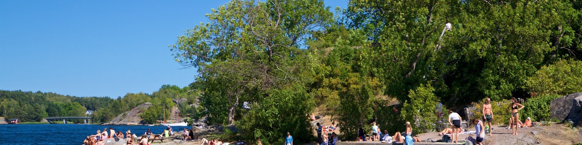 Battery Park showing a lake or waterhole as well as a small group of people