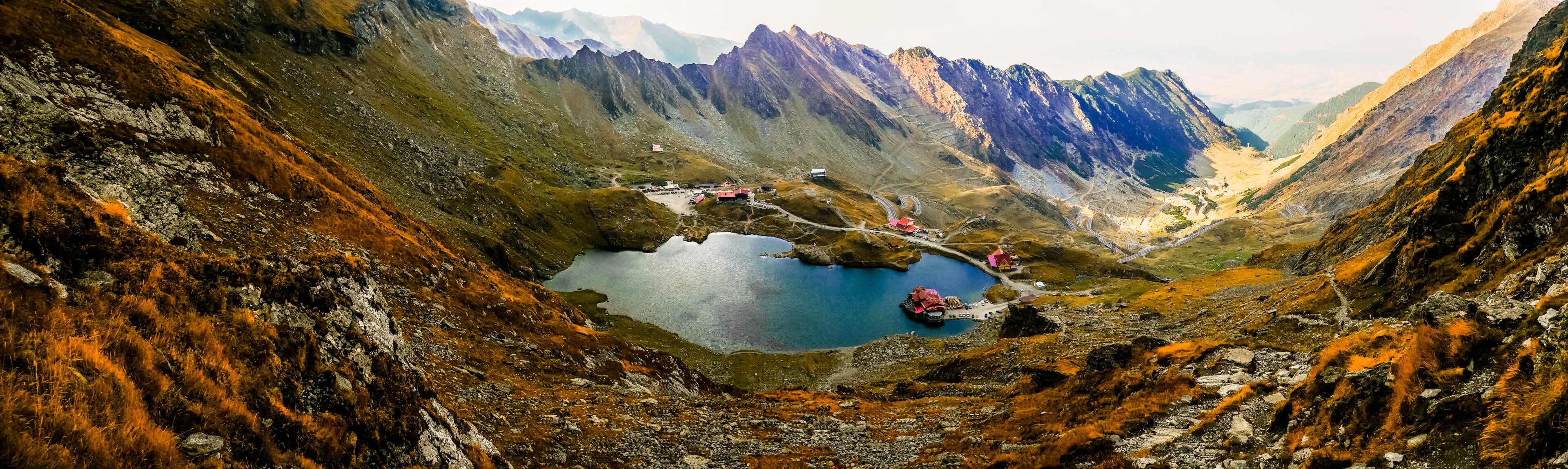 Balea lake Transfagarasan, Fagaras mountains, Sibiu. Aerial view