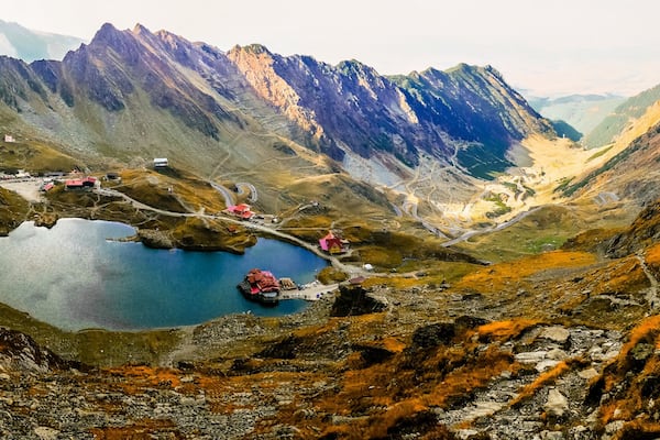 Balea lake Transfagarasan, Fagaras mountains, Sibiu. Aerial view