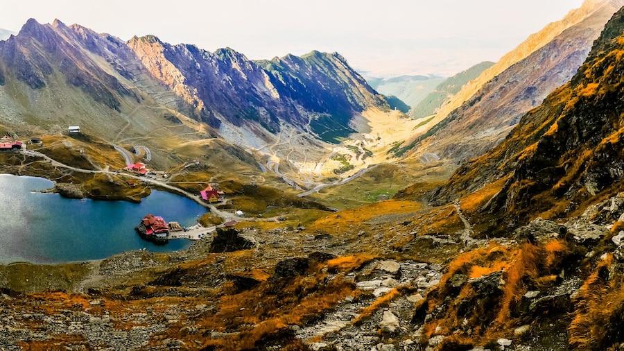 Balea lake Transfagarasan, Fagaras mountains, Sibiu. Aerial view