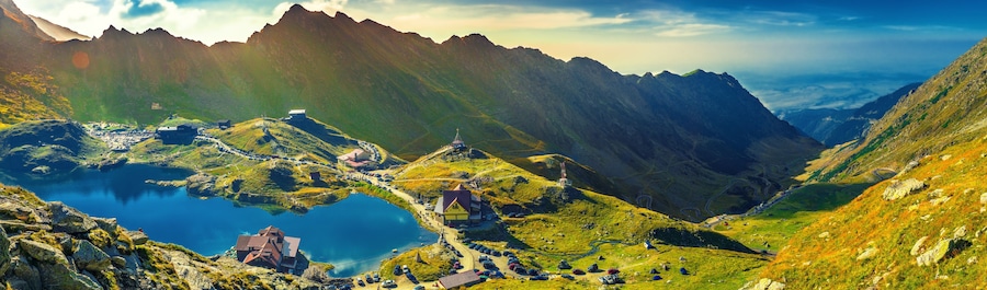 Transfagarasan Balea glacier lake, panoramic view - Lake, is a glacier lake situated at 2.034 m. of altitude in the Mountains, in central Romania, Sibiu County.