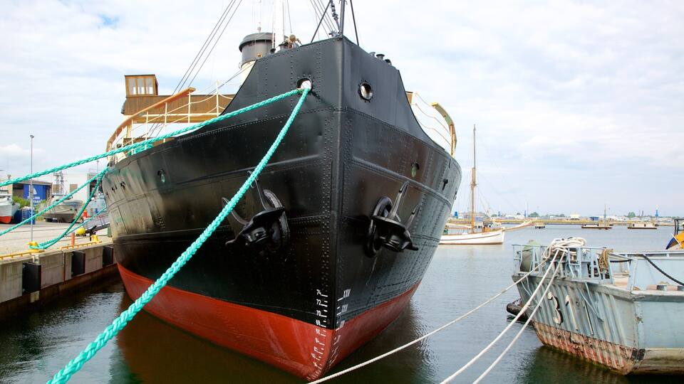 Een groot schip in de haven, met een rode romp, vastgemaakt aan de kade met touwen.