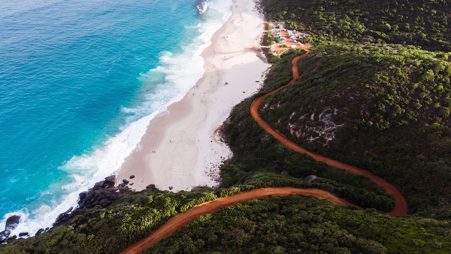 Incredible coastal road leading down to Shelly Beach, Albany, Western Australia. Perfect paradise waters in the remote Western Australian landscape.