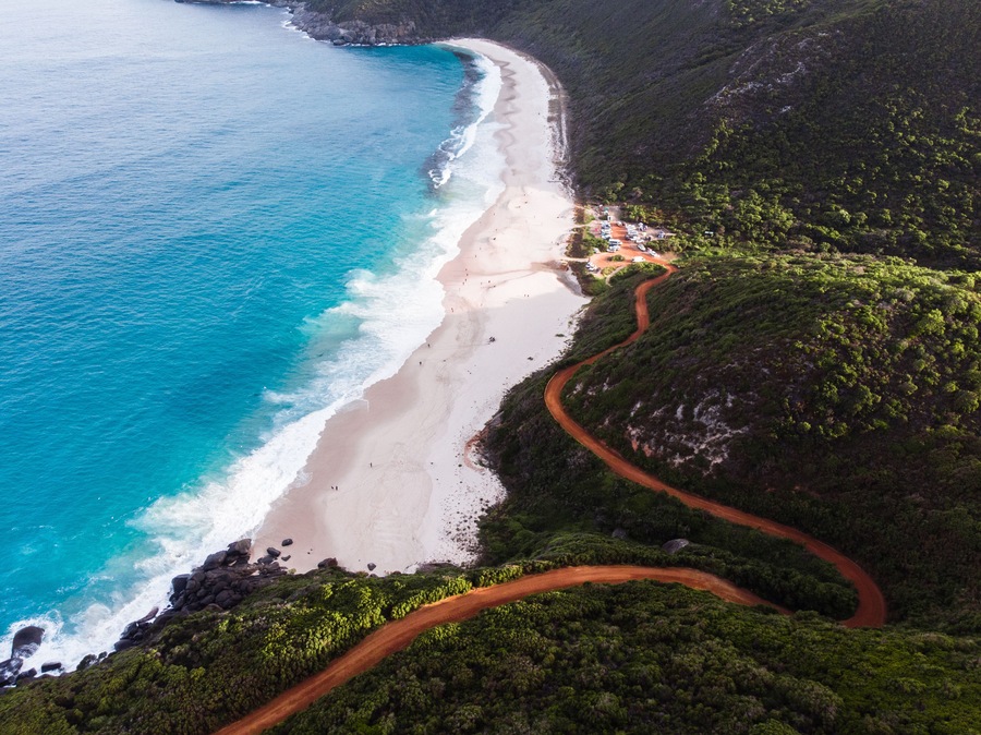 Incredible coastal road leading down to Shelly Beach, Albany, Western Australia. Perfect paradise waters in the remote Western Australian landscape.