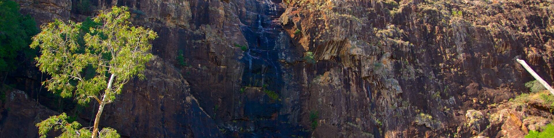 A waterfall cascading down a rocky cliff into a calm lake surrounded by rugged terrain and sparse vegetation.