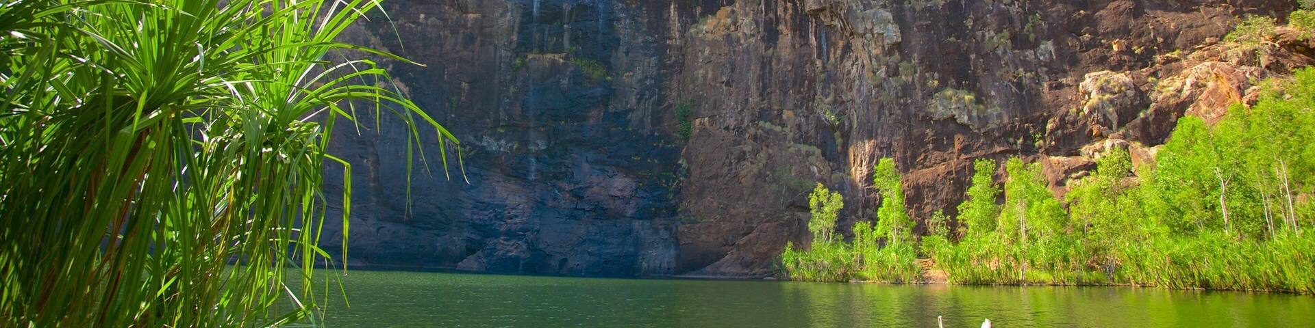 A canyon with a waterfall, green vegetation, and a calm lake.