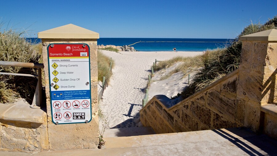 Sorrento Beach featuring a beach, signage and general coastal views