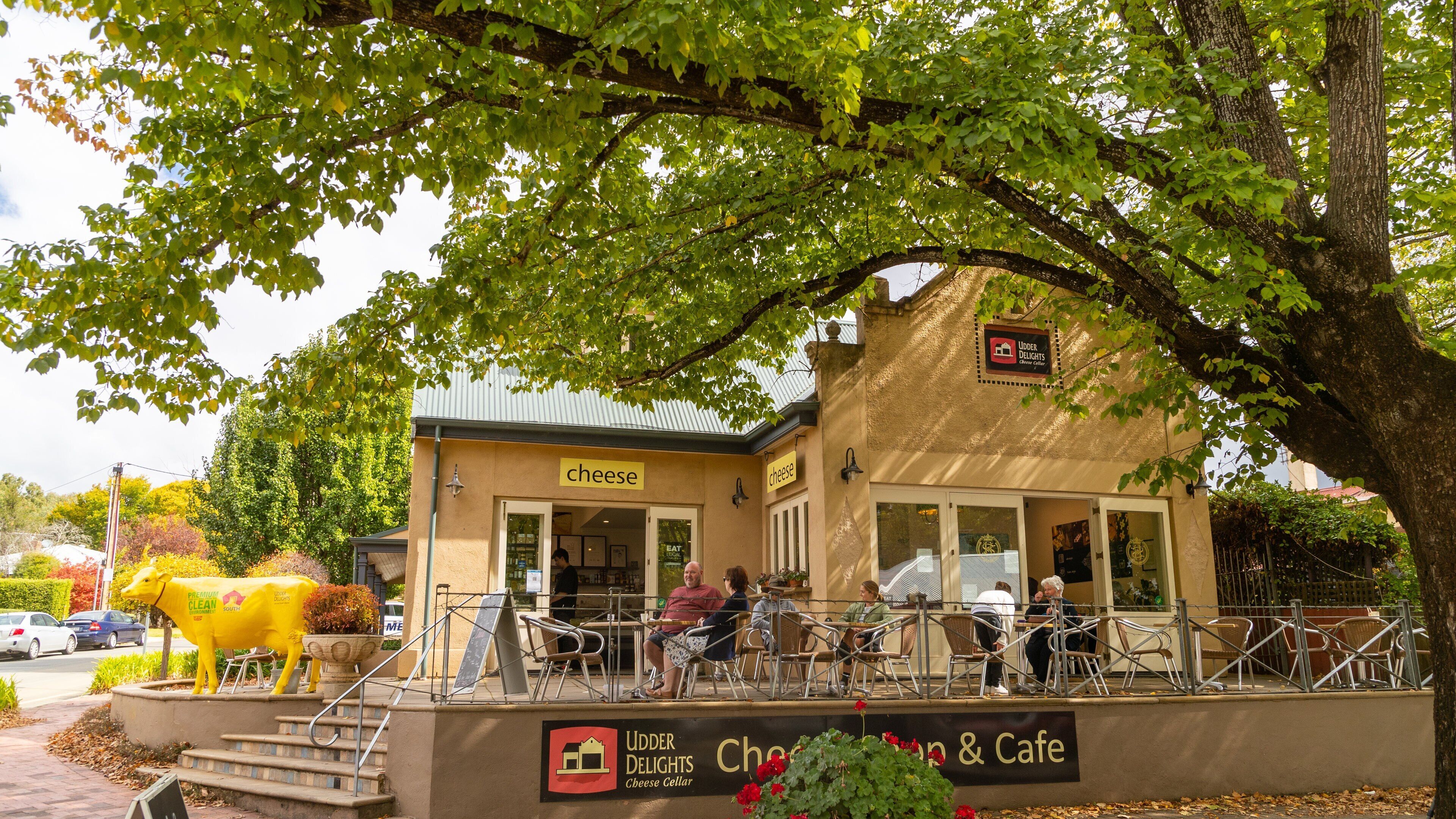 Udder Delights Cheese Cellar featuring outdoor eating as well as a small group of people