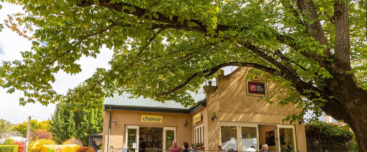 A cheese cellar cafe with outdoor seating and a yellow cow statue.