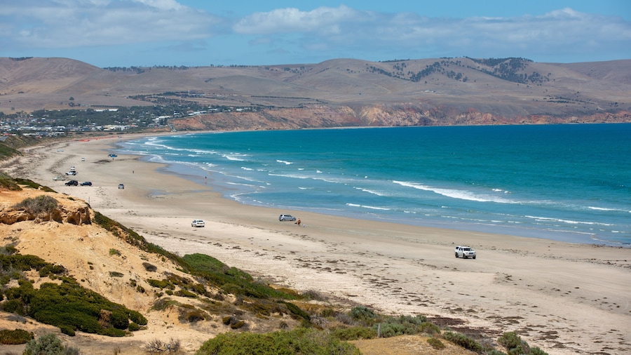 The beautiful Aldinga beach on clear sunny day with cars parked on the beach in South Australia on 14th February 2019