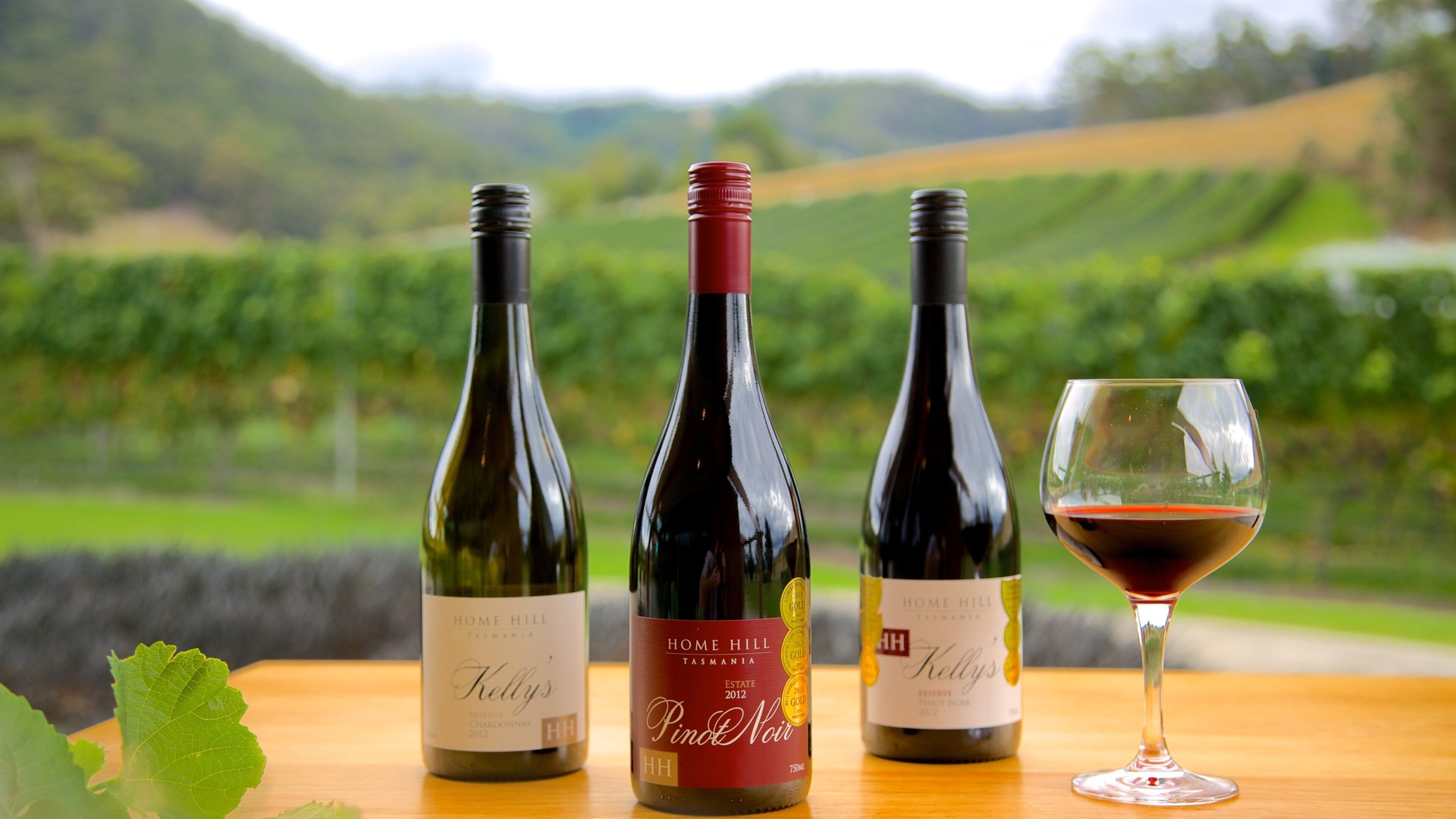 Three wine bottles and a wine glass on a table with a vineyard in the background.