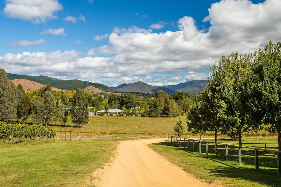 Un camino de tierra que lleva a una zona rural con casas, viñedos y montañas al fondo.