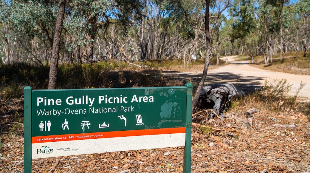 Warby Ovens National Park featuring signage and tranquil scenes
