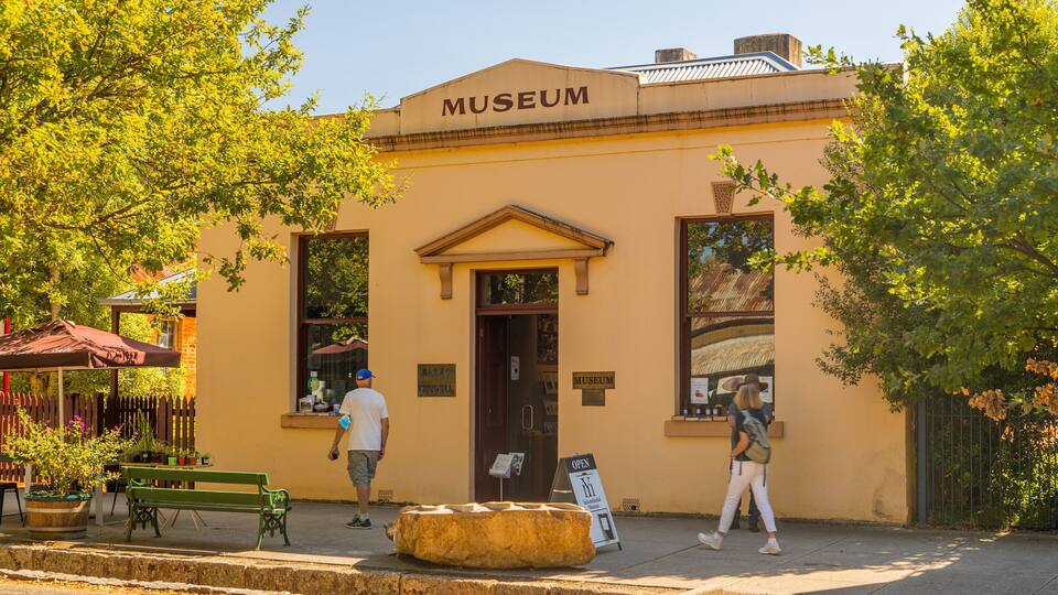 A museum building with a yellow facade, a green bench, and a large planter in front.