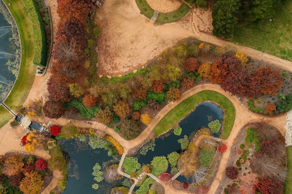 An aerial view of a park with winding paths, ponds, and a variety of trees in autumn colors.