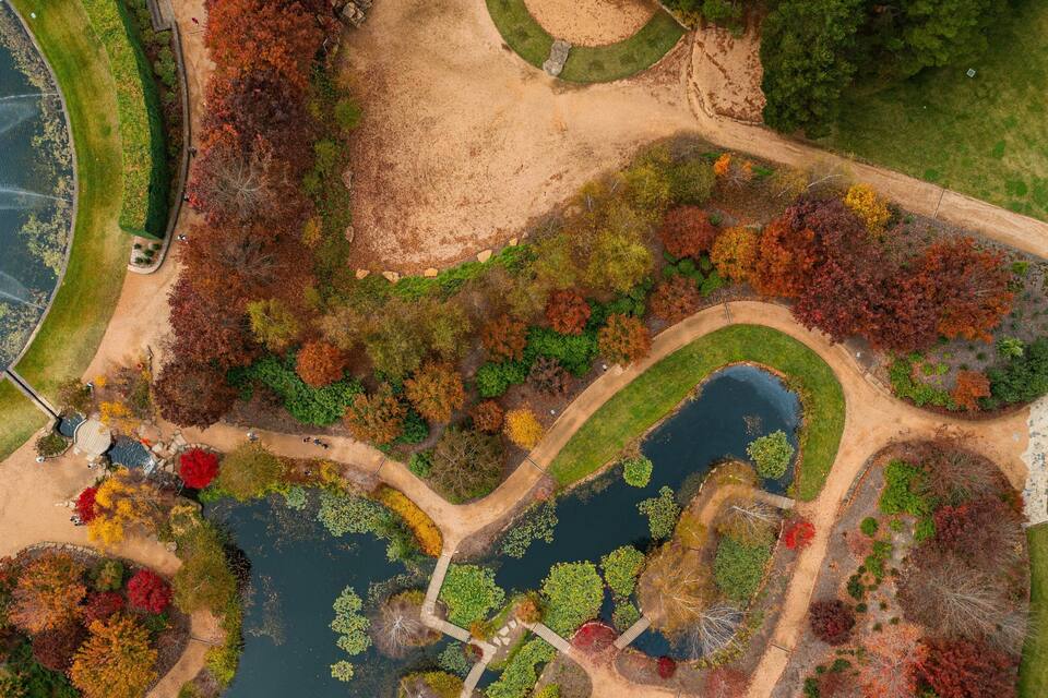 Vista aérea de un parque con senderos serpenteantes, estanques y una variedad de árboles en colores otoñales.