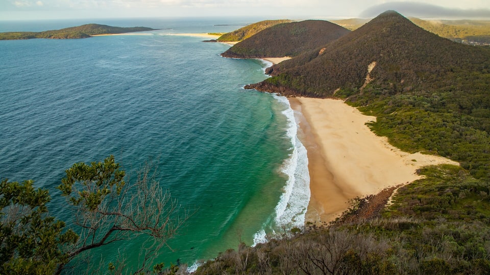 A coastal landscape with a sandy beach, turquoise waters, and green hills.