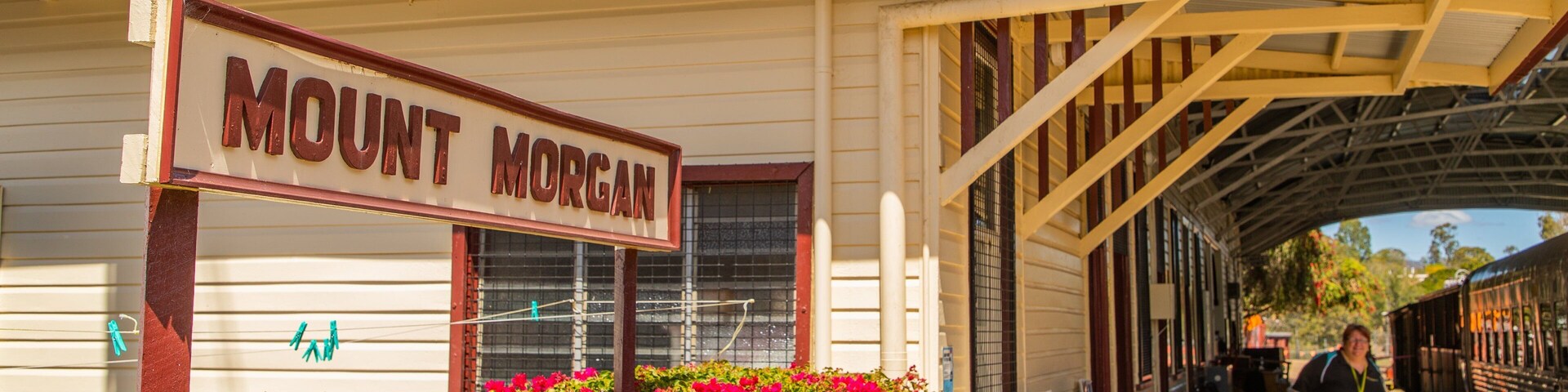 Mount Morgan Railway Museum featuring wildflowers and signage