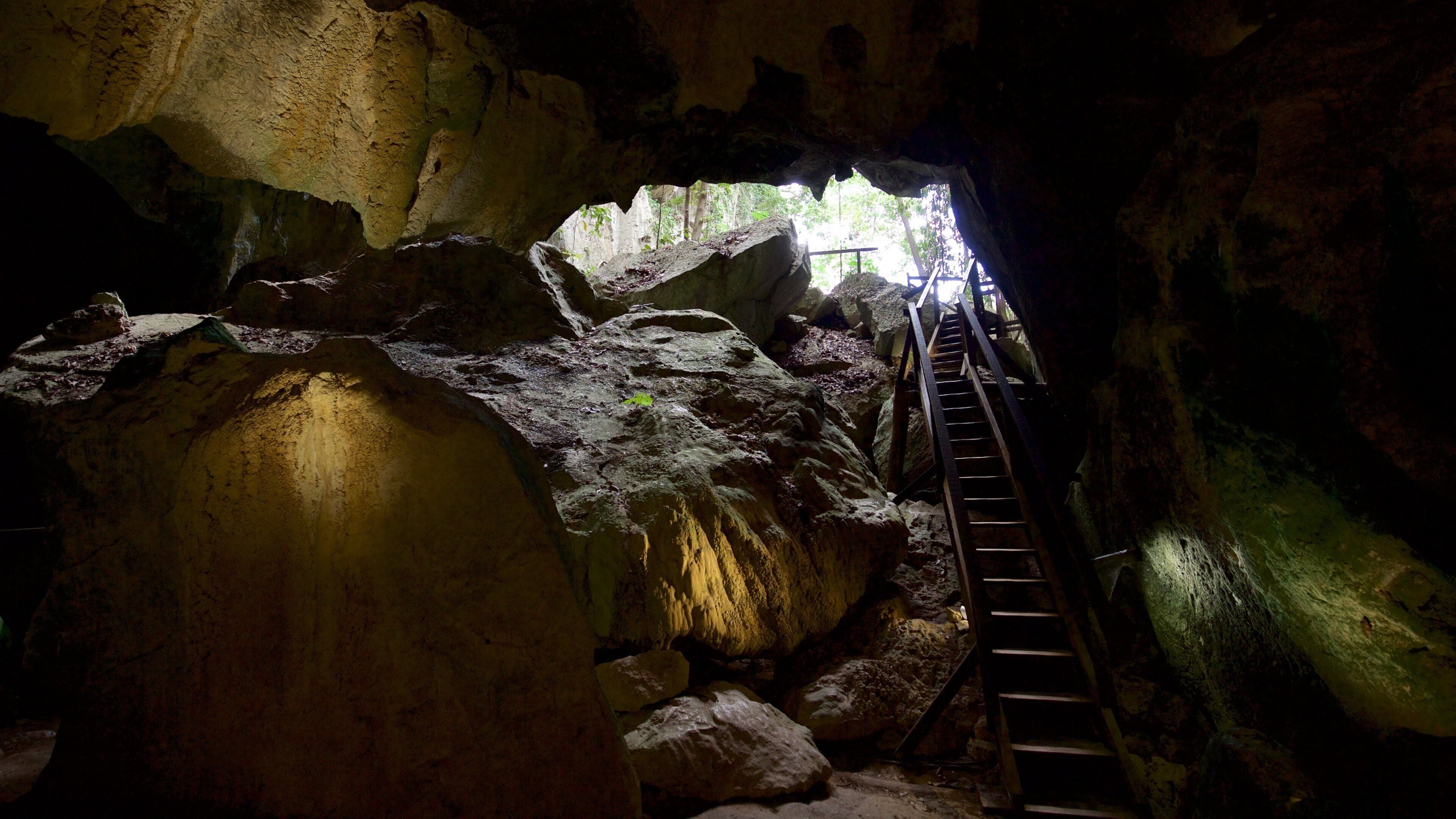 A cave with a metal staircase leading to a higher level.