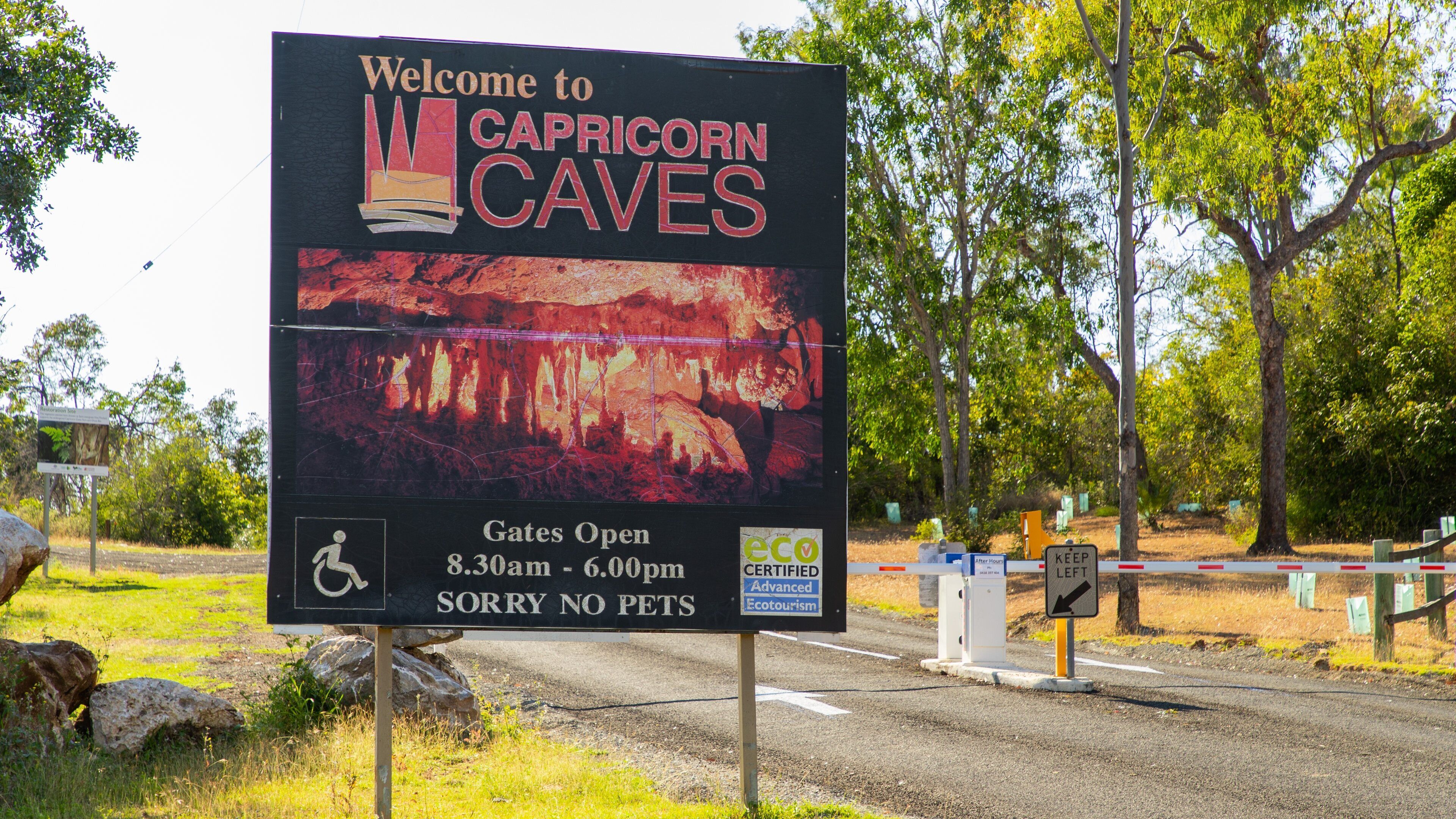 Ein Schild, das Besucher in den Capricorn Caves willkommen heißt, mit geöffneten Toren von 8:30 bis 18:00 Uhr, und einem Hinweis mit dem Text 'Keine Haustiere erlaubt'.