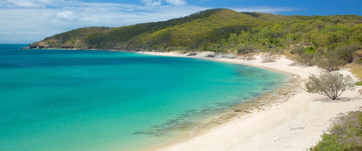 A turquoise beach with white sand, clear blue water, and a green hill in the background.
