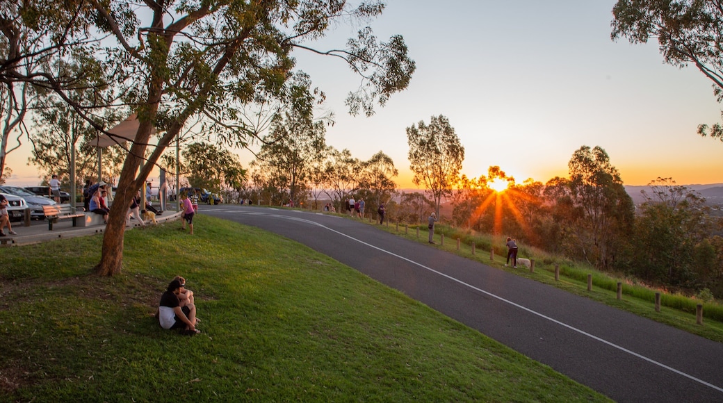 Mount Gravatt Lookout showing a sunset and tranquil scenes as well as a couple