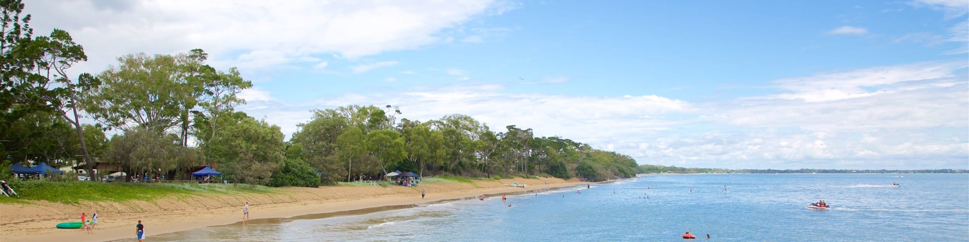 A beach with clear water, people swimming and surfing, and a sandy shore with trees and beach huts.