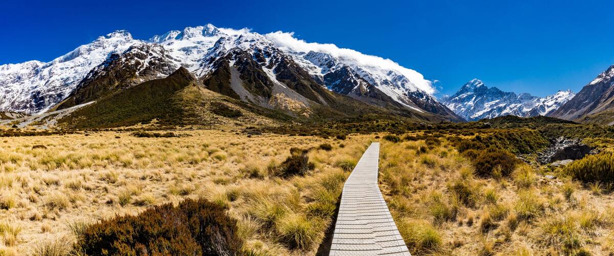 A paved path leading through a grassy field towards snow-capped mountains.