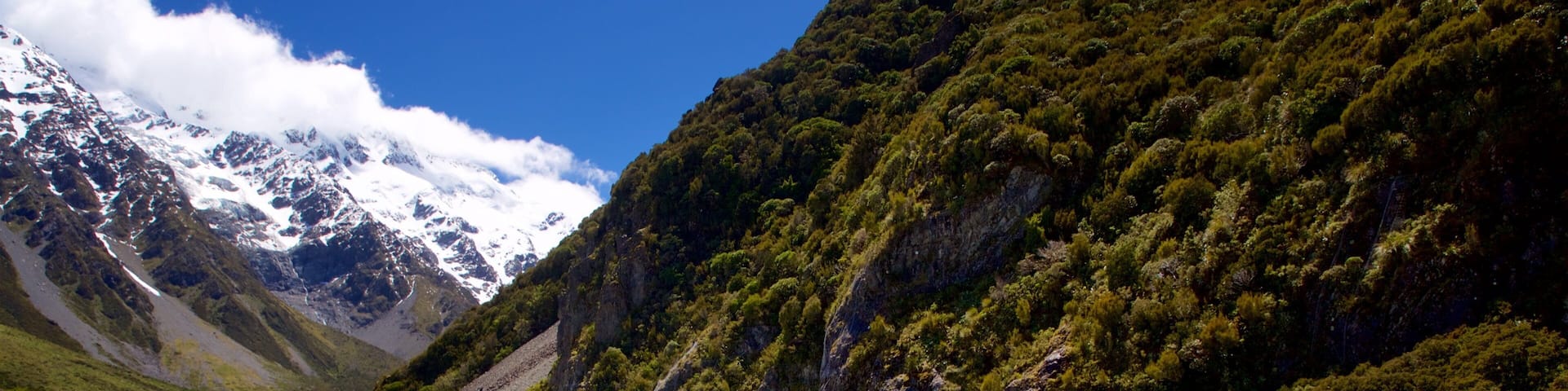 Mount Cook National Park which includes tranquil scenes, a river or creek and mountains