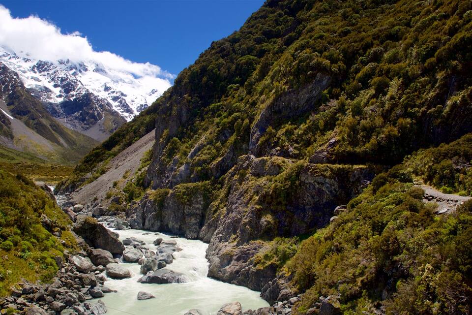 A river flowing through a mountainous valley with snow-capped peaks in the background.