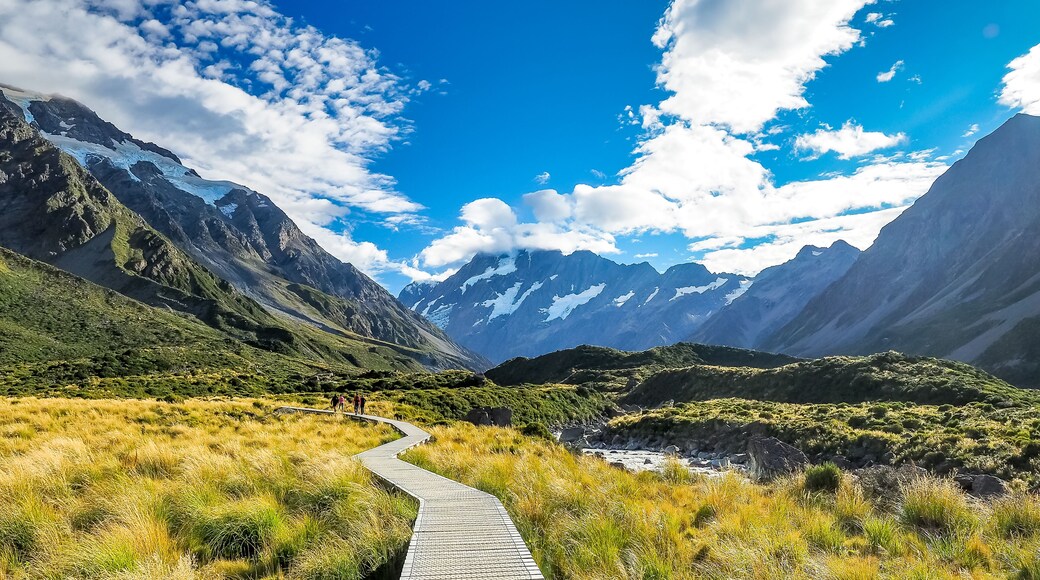 The famous landscape of Hooker Valley Track at Mt Cook National Park in New Zealand.