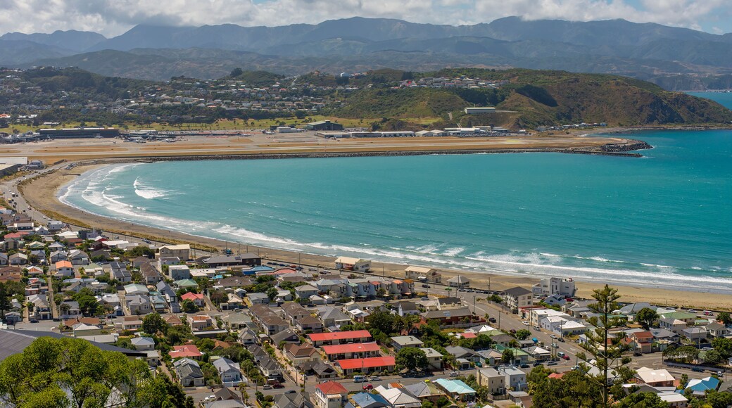 New Zealand, Wellington. Lyall Bay from an elevated position, looking east to the bay, airport and the Orongorongo Hills behind. Fine summers day. People are swimming
