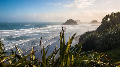 Sunrise over the rocks of the Back beach in New Plymouth, New Zealand. Perfect spot for surfing.; Shutterstock ID 580134319; Purchase Order: -